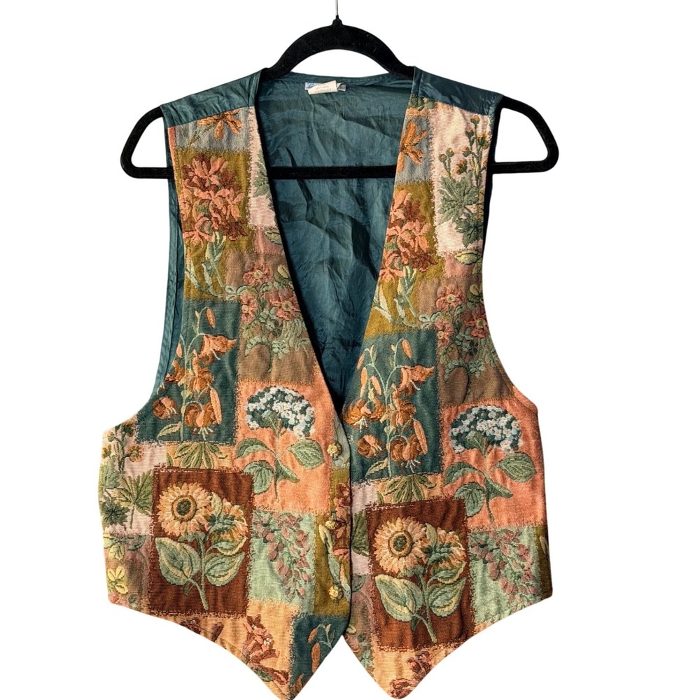 Backroad Blues Tapestry Floral Patchwork Vest Vintage Size L
